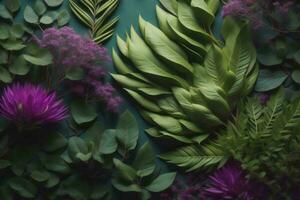 ai generiert kreativ Layout gemacht von Grün Blätter und Blumen. eben legen. Natur Konzept. generativ ai foto