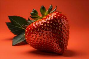 ai generiert Erdbeere mit Blätter auf ein rot Hintergrund. ai generiert foto