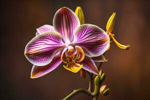 ai generiert schließen oben von schön Orchidee Blume auf dunkel Hintergrund, Studio Schuss. ai generativ foto