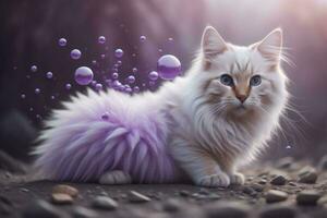 ai generiert Weiß Katze mit Blau Augen und Rosa Pelz Sitzung auf ein Felsen mit Blasen. generativ ai foto