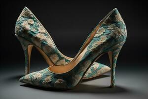 ai generiert Damen Schuhe mit Blumen- Muster auf ein dunkel Hintergrund. generativ ai foto
