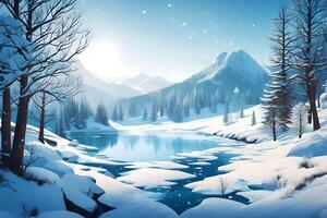 ai generiert Winter Landschaft, Schnee, Berge, Fluss, Bäume, See, Wasser, Schnee, Winter, foto