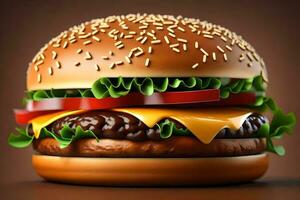 ai generiert ein Hamburger ist gezeigt auf ein braun Hintergrund foto