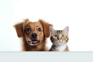 ai generiert glücklich Hund und Katze hinter leer Zeichen foto