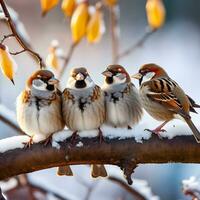 ai generiert Herde von Baum Spatzen auf das Ast im ein Garten während Winter foto