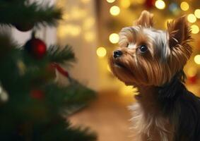 ai generiert Yorkshire Terrier Hund suchen beim Weihnachten Baum foto