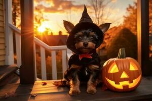 ai generiert süß Hündchen Hund tragen Halloween Kostüm draußen foto