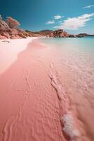 ai generiert friedlich Wellen auf ein Rosa Sand Strand Ufer. foto