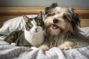 ai generiert süß Hund und Katze zusammen auf gemütlich Bett foto