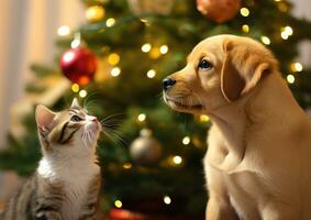 ai generiert Hündchen und Kätzchen zusammen im Vorderseite von Weihnachten Baum foto