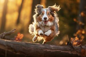 ai generiert australisch Schäfer Hund springen Über Log im sonnendurchflutet Park foto