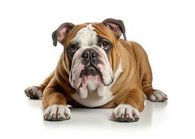 ai generiert Bulldogge reinrassig Hund Lügen Nieder auf Weiß foto