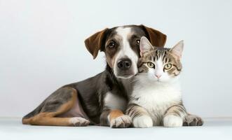 ai generiert Katze und Hund kuscheln zusammen auf Weiß foto