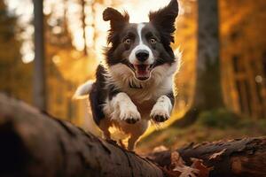 ai generiert Rand Collie Hund Springen Über Log im Wald foto