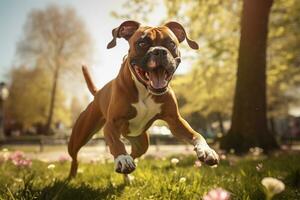 ai generiert Boxer Hund Laufen durch Hund Park foto