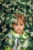 ein jung gut aussehend Junge von europäisch Aussehen posiert im blühen im Natur. nicht inszeniert Porträts von ein Junge. es ist ein großartig Zeit zu entspannen. foto