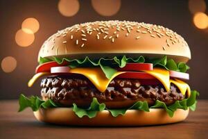 ai generiert ein Hamburger ist gezeigt auf ein Tabelle foto