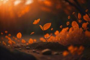 ai generiert Herbst Blätter im das Wald beim Sonnenuntergang. Herbst Natur Hintergrund. generativ ai foto