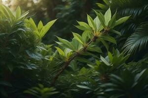 ai generiert Grün Blätter im das tropisch Wald. Natur Hintergrund mit Kopieren Raum. generativ ai foto