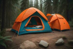 ai generiert Camping Zelt im das Wald. Camping im das Berge. generativ ai foto