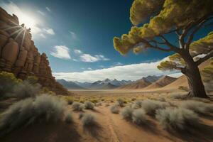 ai generiert Wüste Landschaft mit Bäume und Berge im das Hintergrund. ai generiert foto