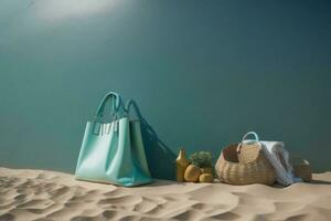 ai generiert Grün Leder Tasche auf das Strand mit Meer und Himmel im das Hintergrund. generativ ai foto