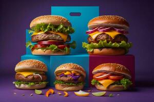 ai generiert groß und klein Cheeseburger auf ein lila Hintergrund. generativ ai foto