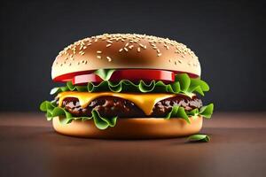 ai generiert ein Hamburger ist gezeigt auf ein dunkel Hintergrund foto