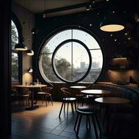 ai generiert Innere von ein Cafe mit ein runden Fenster. generativ ai foto