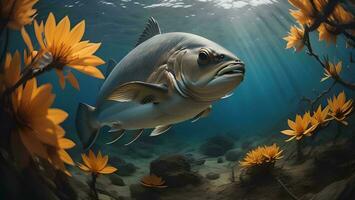 ai generiert unter Wasser Szene mit groß Fisch und Gelb Blumen. generativ ai foto