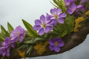 ai generiert lila Krokus Blumen auf ein Baum Ast im das Garten. generativ ai foto