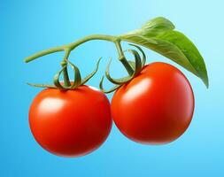 zwei Tomaten auf Ast mit Blätter Über Licht Blau Hintergrund mit Kopieren Raum, ai generiert foto