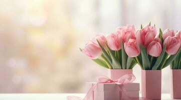 ai generiert Rosa Tulpen und Geschenk Box foto