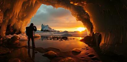 ai generiert Fotograf nehmen Bild im ein Eis Höhle in der Nähe von Sonnenuntergang foto