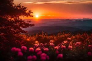 ai generiert das Sonne setzt Über das Berge im diese Foto