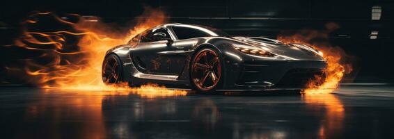 ai generiert schwarz schnell Sport Auto mit Flammen Kommen aus von es ist Motor foto