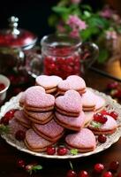 ai generiert Herzen Erdbeere Kekse foto