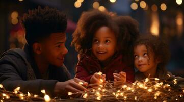 ai generiert zwei Kinder und ein afrikanisch amerikanisch Mann in der Nähe von Weihnachten Beleuchtung foto