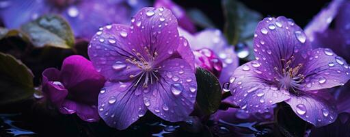 ai generiert lila Blumen mit Wasser Tropfen sind im das dunkel foto