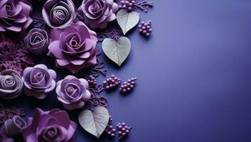 ai generiert lila Rosen und Herzen auf ein violett Hintergrund foto