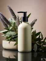 ai generiert duftend Lotion Flasche mit Lavendel Blätter oder Pflanze foto