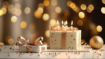 ai generiert Kuchen mit Kerzen und Geschenke foto
