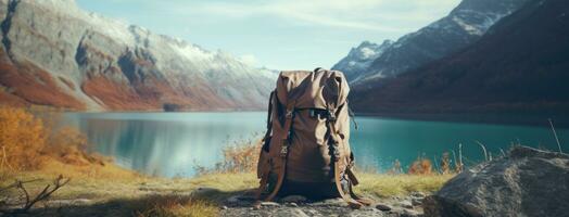 ai generiert Rucksack und Stiefel Nächster zu ein See foto