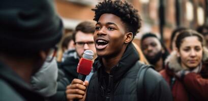 ai generiert ein jung schwarz Mann mit Mikrofone reden zu ein Menge foto