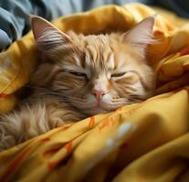 ai generiert ein Schlafen Orange Katze im Bett foto