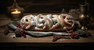 ai generiert ein Weihnachten Stollen auf ein hölzern Oberfläche mit Kugeln foto