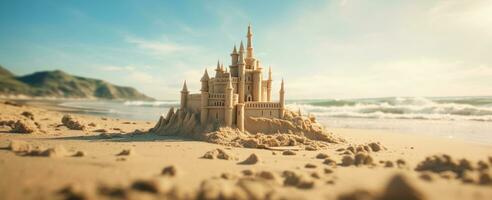 ai generiert ein Schloss gemacht von Sand im das Strand foto