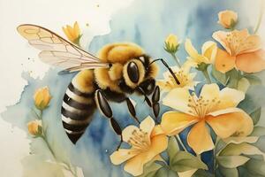 ai generiert Biene auf ein Blume auf ein Weiß Hintergrund Aquarell foto