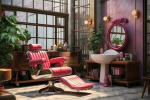 ai generiert das Haar Salon mit viele Werkzeug, mit ein Rosa Stuhl und Stühle foto