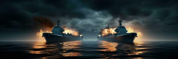 ai generiert zwei Schiffe sind im das Meer Militär- Feuer Animation foto